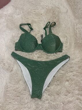PINK Victoria's Secret Glitter Green Push-Up Bikini Set